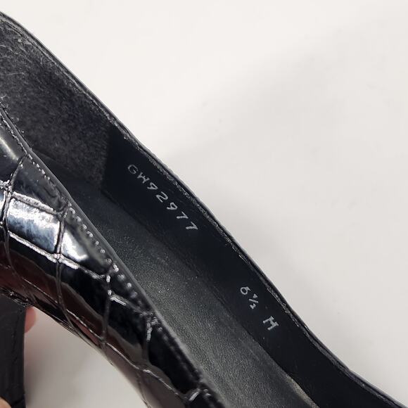 Stuart Weitzman Peep Toe Pumps Size 6,5M Womens Black Patent Leather Croc Heels - Picture 6 of 9